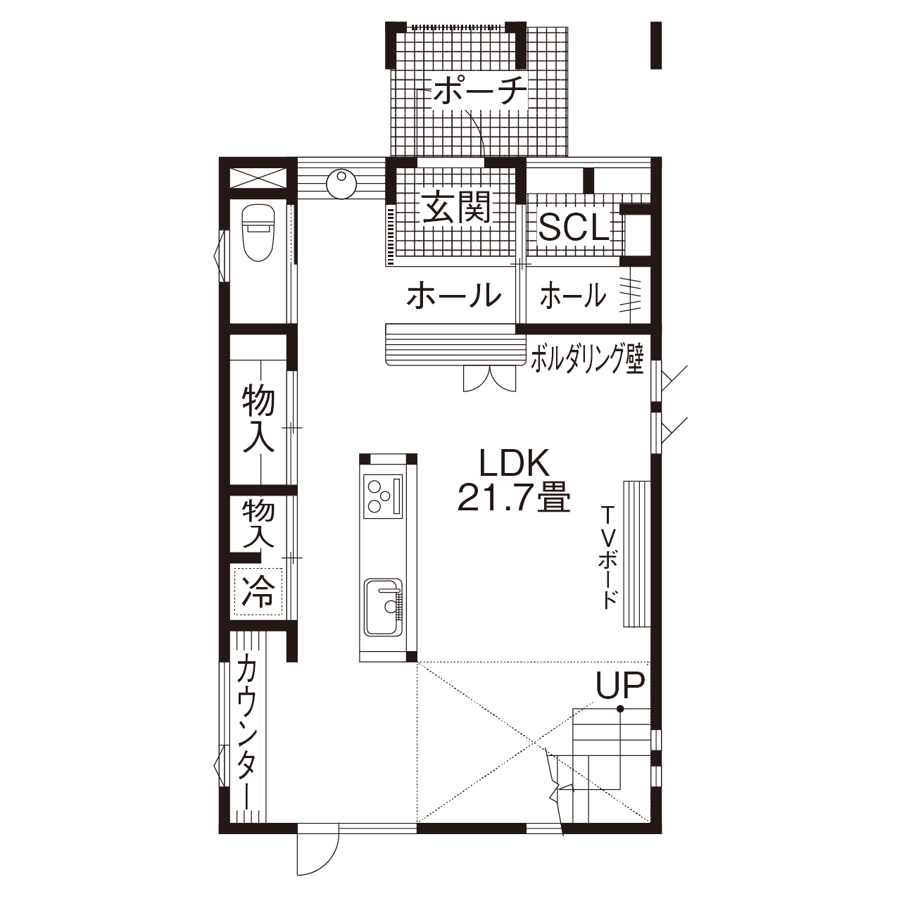 maida koumuten 【札幌市/３LDK/間取り/玄関土間/床暖房】スケルトン階段とボルダリング壁のある伸び伸び空間の間取り図（3LDK）1階
