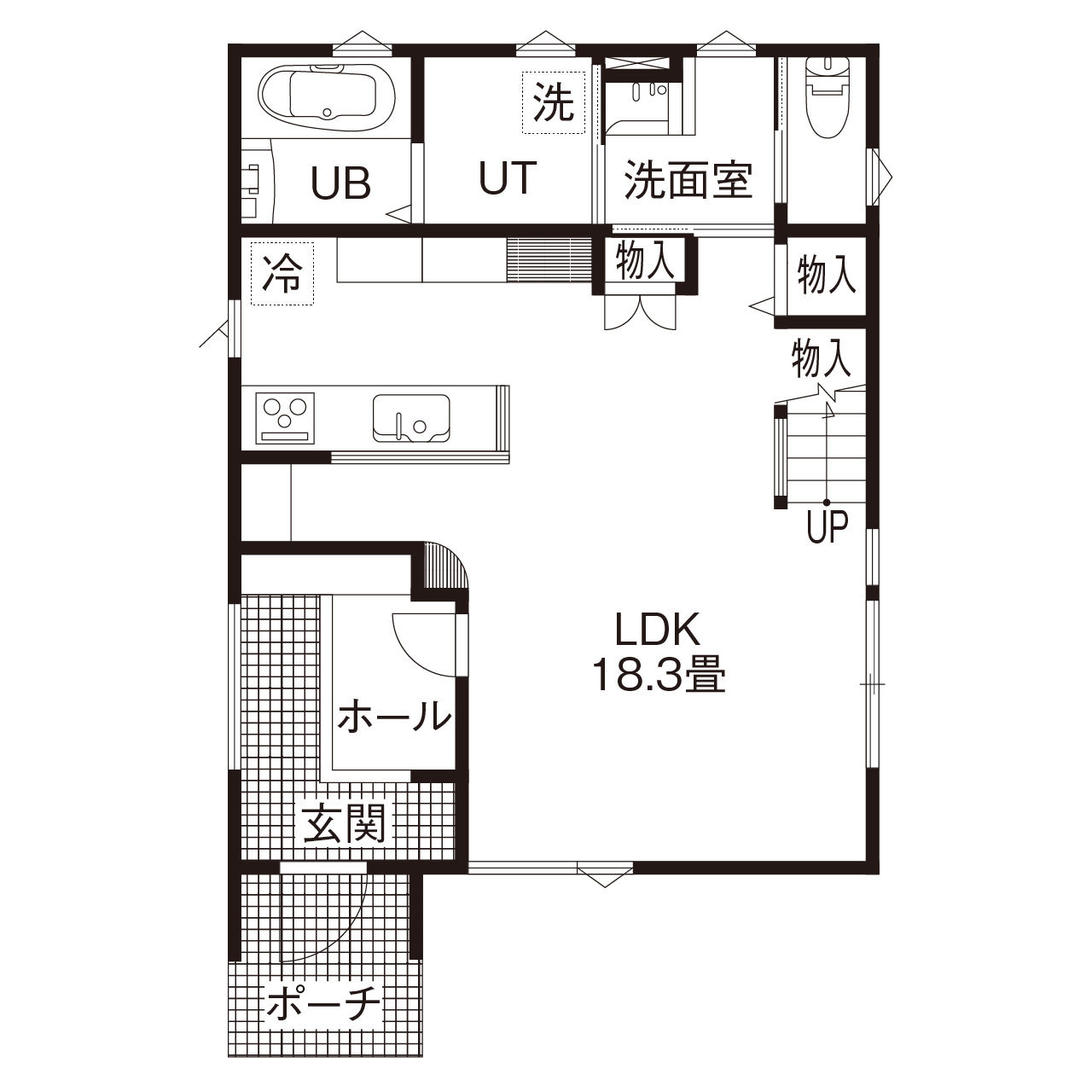 maida koumuten 【3LDK＋書斎/間取り/床暖房/夫婦+子ども2人】ネイビーブルーをアクセントカラーにしたクールな家の間取り図（3LDK＋書斎）1階