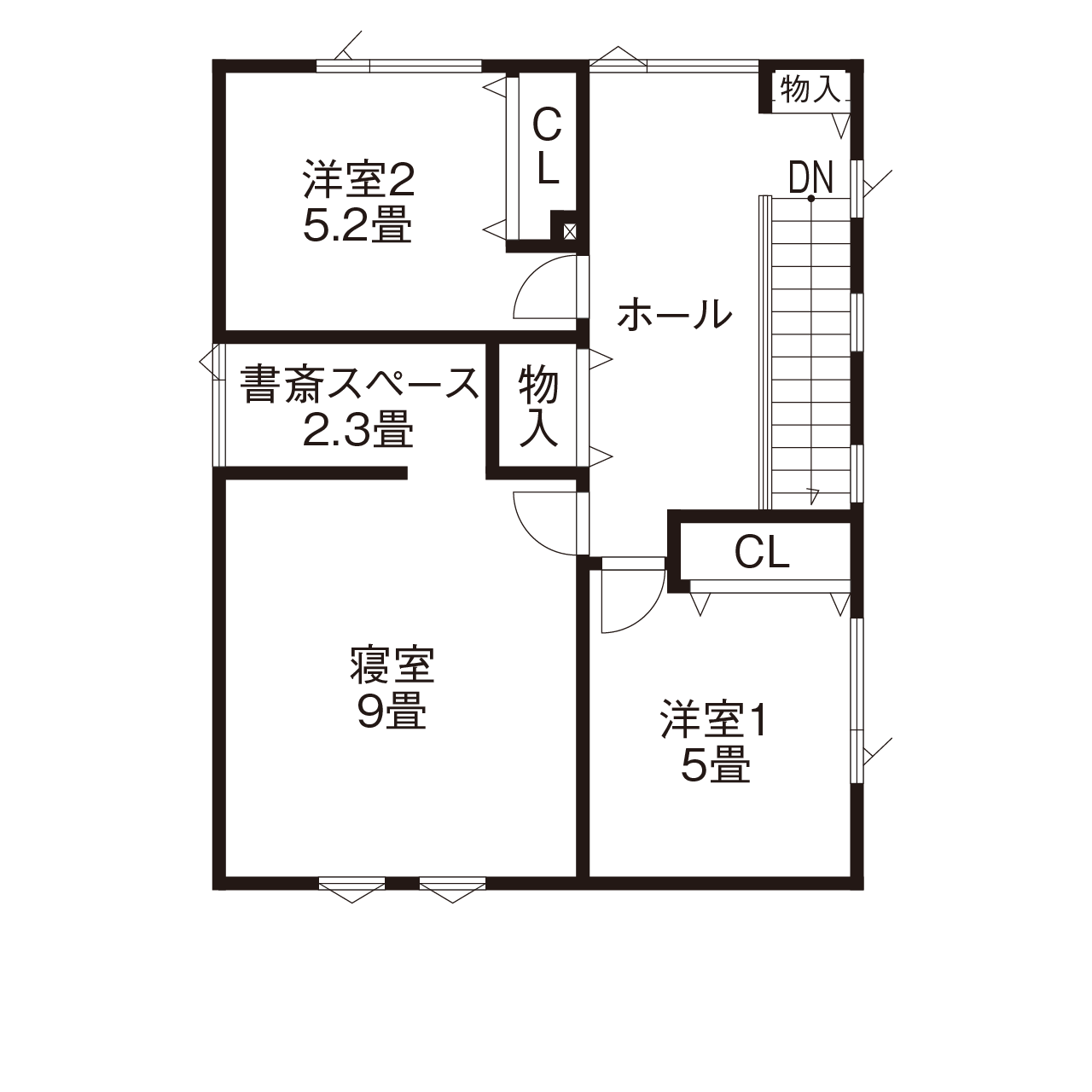 maida koumuten 【3LDK＋書斎/間取り/床暖房/夫婦+子ども2人】ネイビーブルーをアクセントカラーにしたクールな家の間取り図（3LDK＋書斎）2階