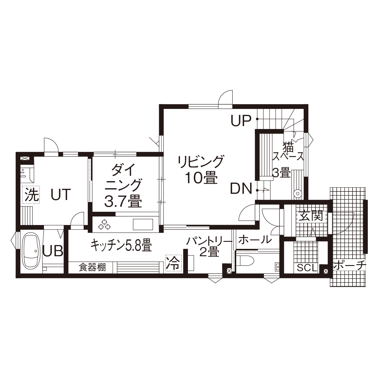 maida koumuten 【江別市/間取り/2LDK＋猫スペース3畳/吹抜け/床暖房】愛猫と暮らす吹抜けキャットウォークのある家の間取り図（2LDK＋猫スペース）1階