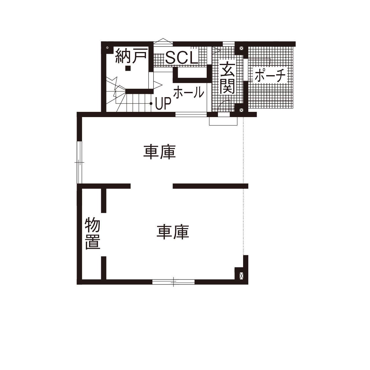 maida koumuten 【石狩市/3階建て/3LDK＋フリースペース/間取り/ビルトインガレージ】寒さ知らずの3階建て床暖房の家の間取り図（3LDK＋フリースペース）1階