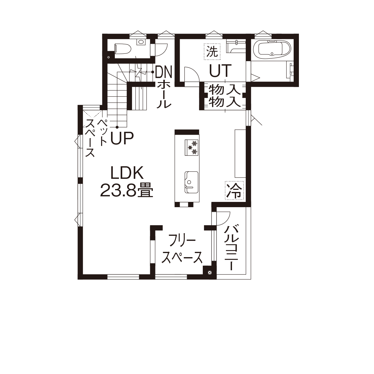 maida koumuten 【石狩市/3階建て/3LDK＋フリースペース/間取り/ビルトインガレージ】寒さ知らずの3階建て床暖房の家の間取り図（3LDK＋フリースペース）2階