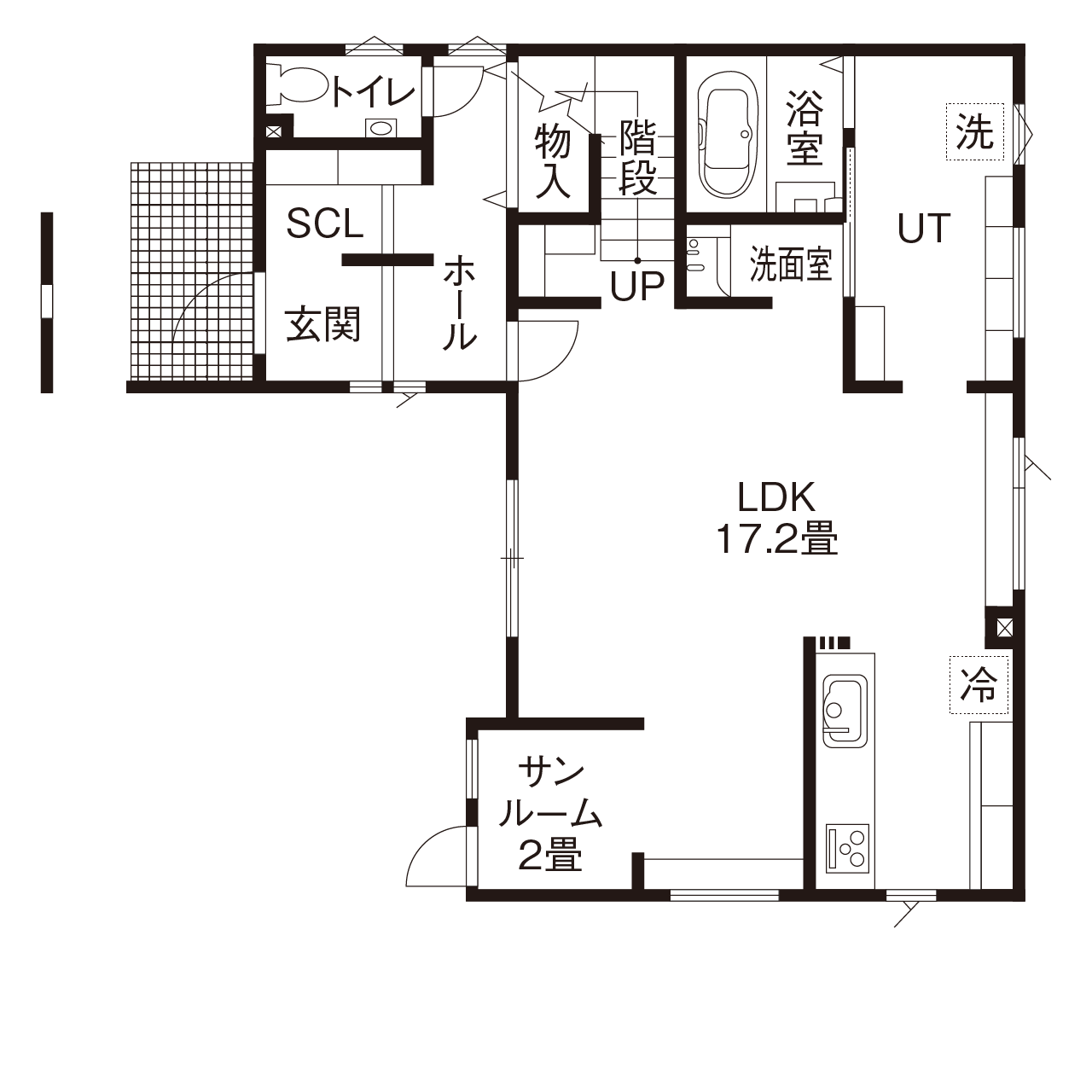 maida koumuten 【3LDK＋サンルーム/間取り/床暖房/夫婦+子ども2人】日差しあふれるサンルームのある床暖房の家の間取り図（3LDK＋サンルーム）1階
