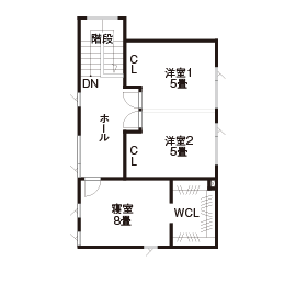 maida koumuten 【3LDK＋サンルーム/間取り/床暖房/夫婦+子ども2人】日差しあふれるサンルームのある床暖房の家の間取り図（3LDK＋サンルーム）2階