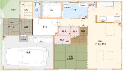 maida koumuten 【ビルトインガレージ/2000万円台/北広島市/４LDK/間取り】広々、趣味空間に没頭できる住まいの間取り図（4LDK）１階
