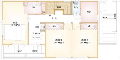 maida koumuten 【2000万円台/札幌市/3LDK/間取り】キッチンからの子供見守り動線でママが安心な住まいの間取り図（3LDK）2階
