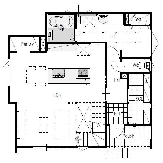 maida koumuten 【2000万円台/江別市/４LDK/間取り/ピン工法】オープンキッチンと開放的なリビングの床暖房の家の間取り図（4LDK）1階