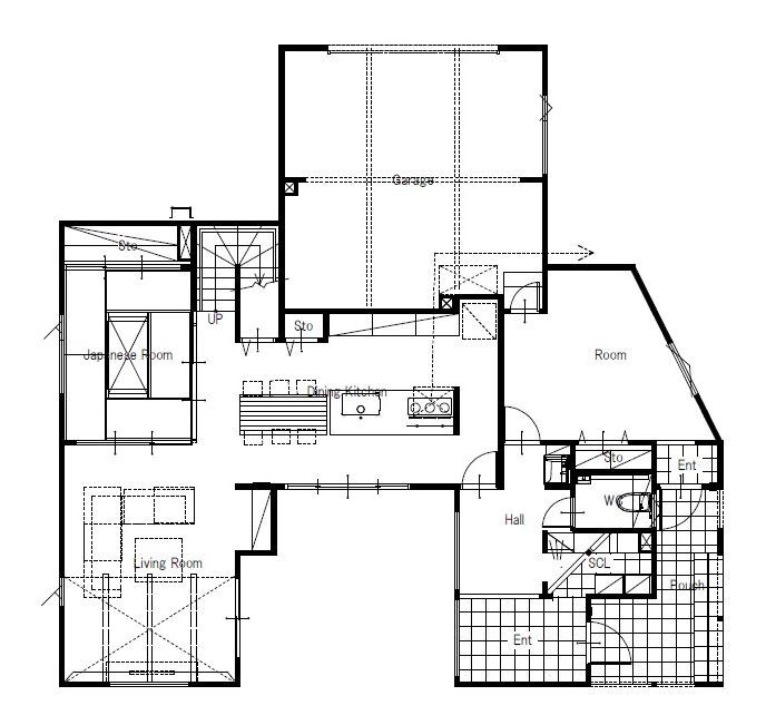 maida koumuten 【ビルトインガレージ/中庭/江別市/店舗併用/間取り】オープンキッチンから中庭を楽しめるこだわりの住まいの間取り図（5K以上）1階