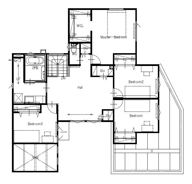 maida koumuten 【ビルトインガレージ/中庭/江別市/店舗併用/間取り】オープンキッチンから中庭を楽しめるこだわりの住まいの間取り図（5K以上）2階