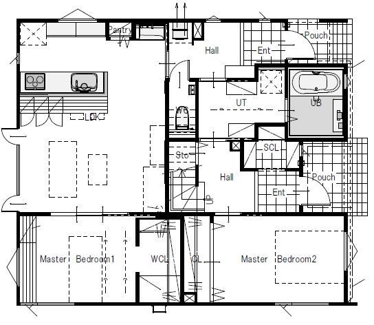 maida koumuten 【2000万円台/札幌市/二世帯住宅/間取り】黒ガルバリウムに木目が映える分離型二世帯の家の間取り図（5K以上）1階