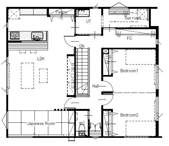 maida koumuten 【2000万円台/札幌市/二世帯住宅/間取り】黒ガルバリウムに木目が映える分離型二世帯の家の間取り図（5K以上）2階