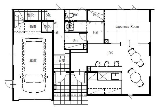 maida koumuten 【ビルトインガレージ/店舗併用住宅/カフェ風/３LDK間取り】和のエッセンスを散りばめた店舗併用住宅の間取り図（3LDK）1階