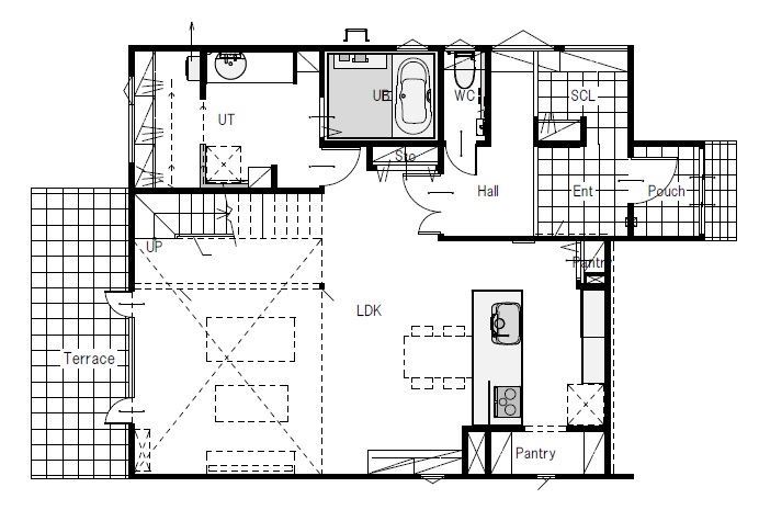 maida koumuten 【2000万円台/札幌市/床暖房/３LDK間取り】大きな窓とコンクリートテラスが特徴の開放的な住まいの間取り図（3LDK）1階