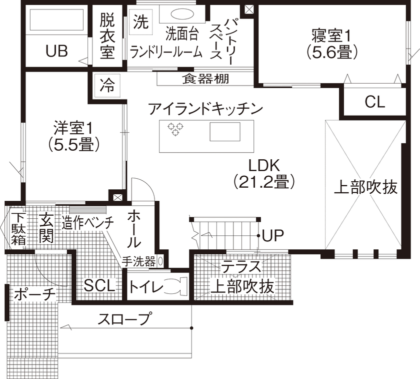 maida koumuten 【札幌市/ダクトレス全館空調/3000万円台】お洒落なアイランドキッチン。ホテルライクな寛ぎ感ある住まいの間取り図（4LDK）1階