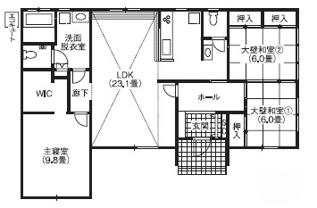 杜和建設 こだわりと好みを凝縮した平屋　真面目で親切丁寧な仕事に好感の間取り図（3LDK）１階