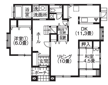 杜和建設 レンガ１ 万個を手積みした外観　細かくこだわった妥協のない家の間取り図（4LDK）1階