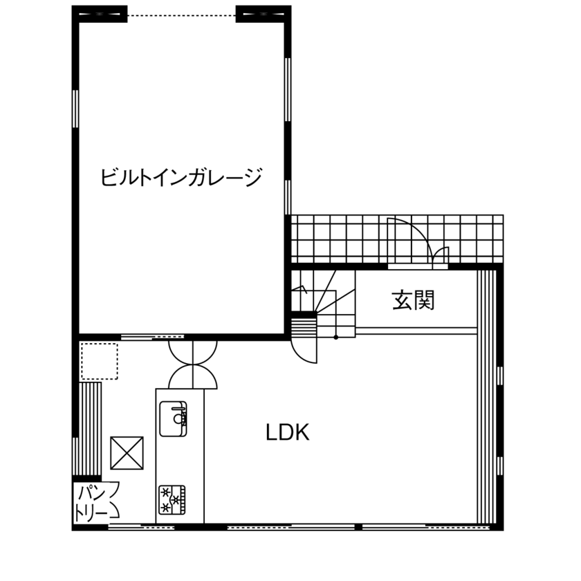 ひのき乃工房　ムクヤホーム 【30坪台/間取り/ビルトインガレージ/吹き抜け】カラマツの無垢材が温かみのある空間をつくるの間取り図（1LDK+洗濯室+WIC）1階