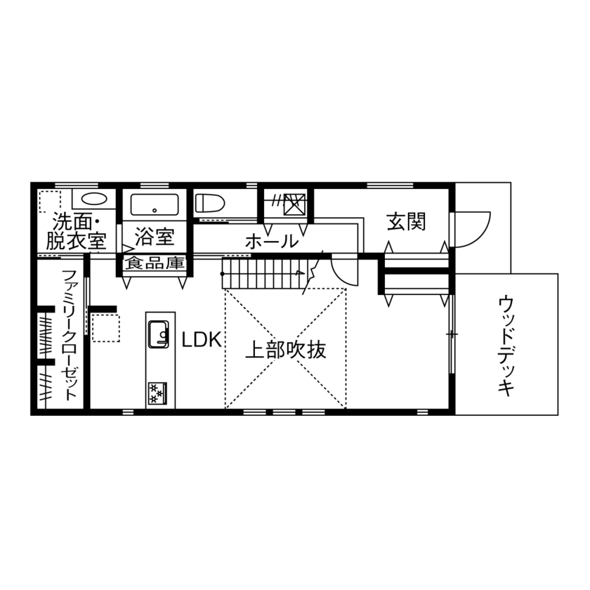 ひのき乃工房　ムクヤホーム 【2000万円台/30坪台/間取り/吹き抜け/DIY】インテリアや間取り、自然素材のこだわりを実現した住まいの間取り図（2LDK）1階