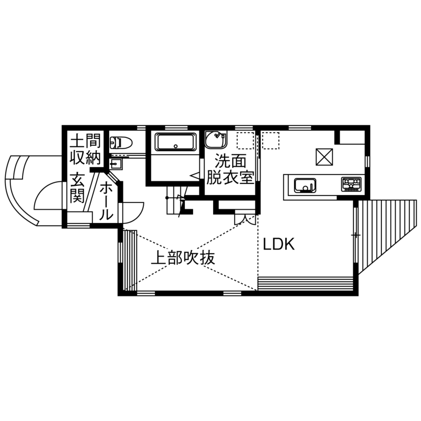 ひのき乃工房　ムクヤホーム 【2000万円台/20坪台/間取り/狭小/ウッドデッキ】高さ5.5mの吹き抜けの解放感と自然素材が心地よい注文住宅の間取り図（3LDK）1階