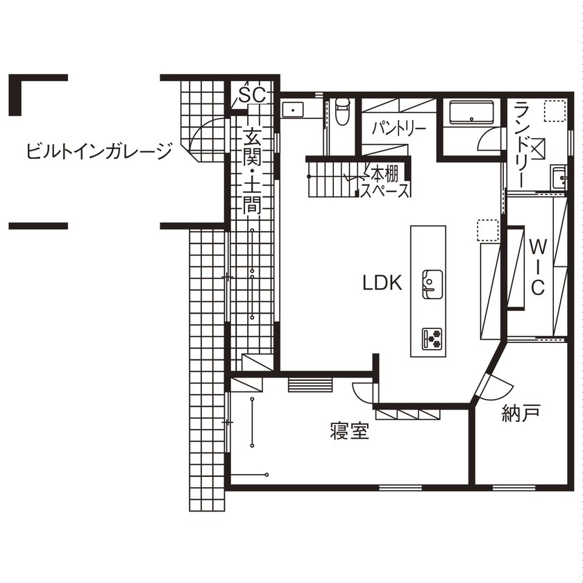 ひのき乃工房　ムクヤホーム 【土間／収納充実／間取図】土間とつながる開放的な間取りも高い断熱性能と自然素材で快適！の間取り図（2LDK＋書庫+納戸+WIC）１階