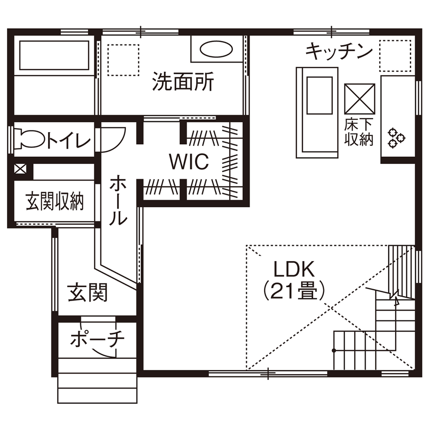 アサヒアレックス 【2320万円｜33.6坪】２階フリースペースからの景色がお気に入り。自然の光や風を楽しめる住まいの間取り図（2LDK）1階