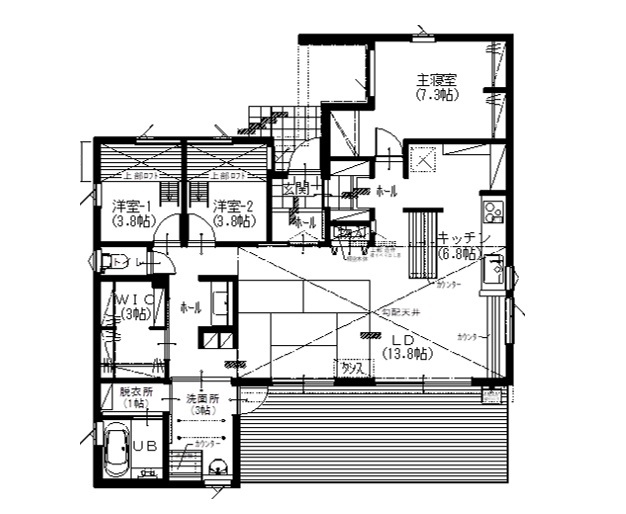 アサヒアレックス 【29.5坪｜2770万円｜平屋】パッシブデザインとダブル断熱で叶える省エネ。家族が繋がる平屋の間取り図（平屋）1階