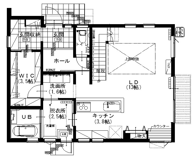 アサヒアレックス 【35.9坪｜3LDK】屋久島杉の映えるアメリカンヴィンテージな住まいの間取り図（3LDK＋収納）1階