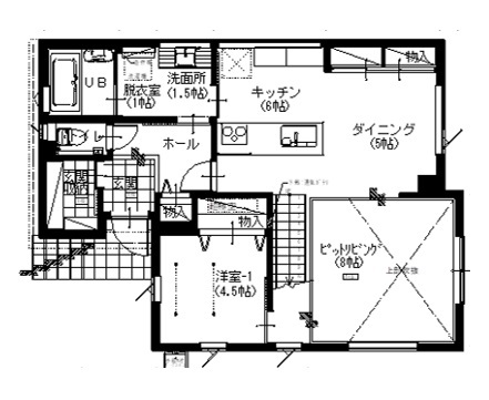 アサヒアレックス 【38.5坪｜2550万円｜ピットリビング】居住空間の温熱環境にこだわった高性能デザインハウスの間取り図（3LDK）1階