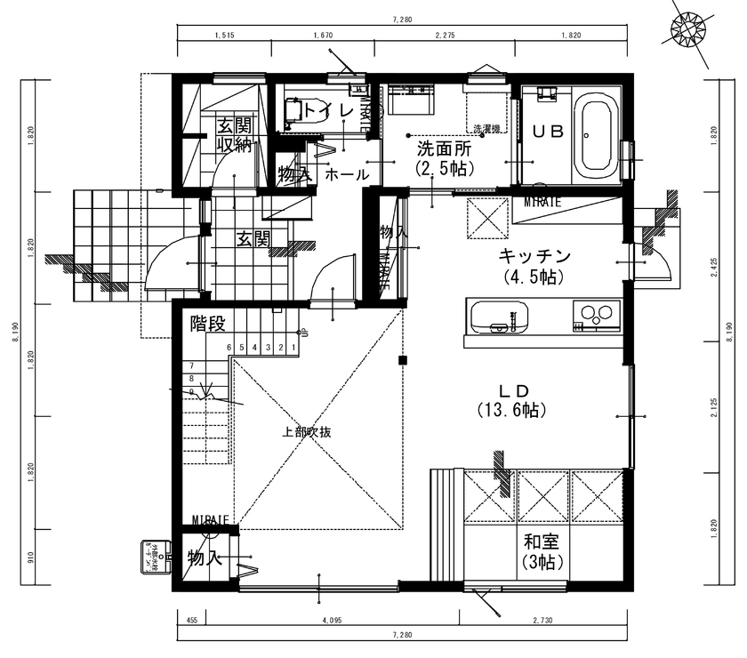 アサヒアレックス 【33坪｜2220万円】吹抜けで家族が繋がる、ブルックリンハウスの間取り図（3LDK）1階