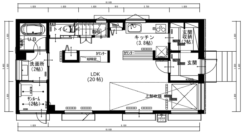 アサヒアレックス 【2950万円｜32.8坪】シンプルで美しい空間が心地いい。UA値0.29で叶える省エネ住宅～経年美の家～の間取り図（3LDK）1階