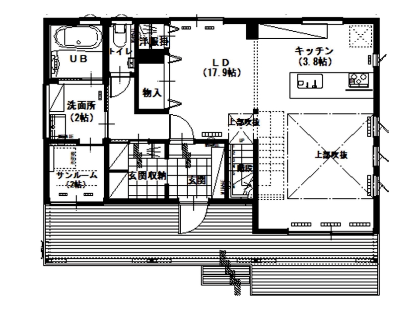 アサヒアレックス 【34坪｜2340万円｜吹き抜け】毎日を楽しくするサーファーズハウスの間取り図（3LDK）1階