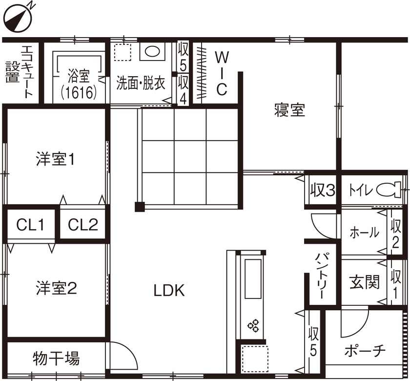 綿半林業 【2200万円/ひのき/120m2】収納力抜群でデッドスペースゼロ! 国産ひのきづくしの平屋の家の間取り図（3LDK）1階