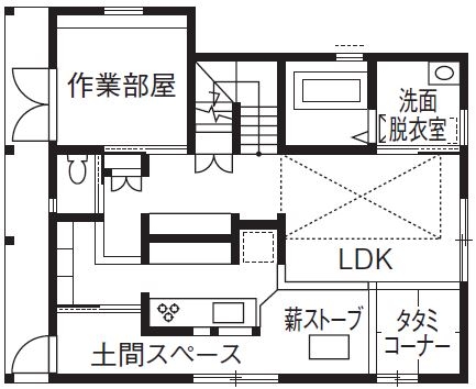 綿半林業 【1950万円/ひのき/間取り有】ボルダリングなど遊びゴコロが詰まった土間キッチンと薪ストーブのある家の間取り図（4LDK）1階