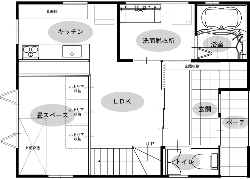 綿半林業 【2000万円台/ひのき/間取有】旧家の建材を活かした懐かしいけど新しい“ばあちゃんち”みたいなレトロな家の間取り図（3LDK）1階