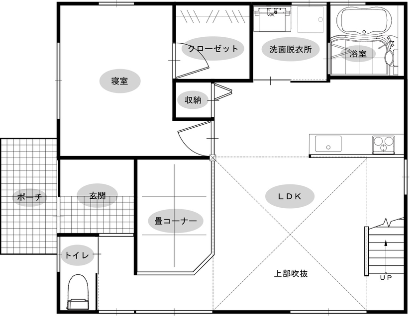 綿半林業 【1887万円/ひのき/図面有り】お家時間が楽しい!ペレットストーブが温かい和モダンの家の間取り図（2LDK）1階
