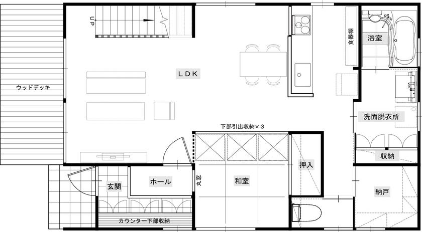 綿半林業 【1000万円台/ひのき/間取り有】和風旅館の風情あふれる隠れ書斎のある古民家風の家の間取り図（4LDK）1階