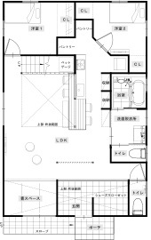 綿半林業 【2000万円台/ひのき】造作家具で空間を有効活用。キッズも愛犬も大満足の二世帯の家の間取り図（3LDK）1階