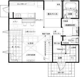 綿半林業 【リビング土間/39坪/1950万円】おうちキャンプも楽しいアウトドア大好き家族の家の間取り図（3LDK+小屋裏収納）1階