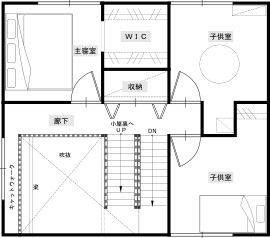 綿半林業 【リビング土間/39坪/1950万円】おうちキャンプも楽しいアウトドア大好き家族の家の間取り図（3LDK+小屋裏収納）2階