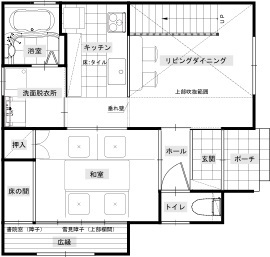 綿半林業 【ひのき/30坪/1719万円】純和風をアレンジしたレトロモダンな家の間取り図（3LDK）1階