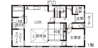 綿半林業 【2225万円/52坪/ペット/和モダン】古民家風テイストで人もペットも快適な木の香りとぬくもりに癒される家の間取り図（4LDK）1階