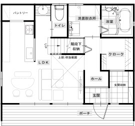 綿半林業 【1000万円台/ひのき/共働き/収納】バリ風インテリアに癒されるアジアンリゾートの家の間取り図（2LDK）1階