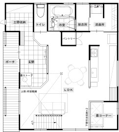 綿半林業 【2000万円台前半/36坪/薪ストーブ/無垢材】家族でおうちキャンプが楽しめる念願の薪ストーブが似合う家の間取り図（2LDK）1階