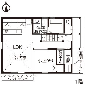 綿半林業 【1800万円台/38坪/ロフト】昭和レトロな家具や小道具がなじむ古民家カフェのような国産ひのきの家の間取り図（3LDK）1階