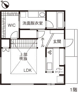綿半林業 【1900万円/無垢材/103m2】カッコよくて暮らしやすいブルックリンスタイルの木の家の間取り図（2LDK）1階