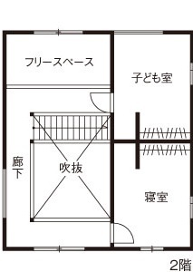 綿半林業 【1900万円/無垢材/103m2】カッコよくて暮らしやすいブルックリンスタイルの木の家の間取り図（2LDK）2階