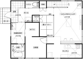 綿半林業 【1668万円/ひのき/動線】子育て&家事ラクとともに将来の暮らしまで考えた1.5階建ての平屋風の間取り図（3LDK）1階