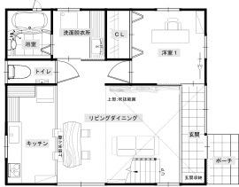 綿半林業 【30坪/土間/仕事部屋】広い土間とアトリエ風キッチンがおしゃれなひのきの家の間取り図（3LDK）1階