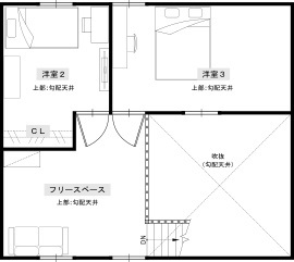 綿半林業 【30坪/土間/仕事部屋】広い土間とアトリエ風キッチンがおしゃれなひのきの家の間取り図（3LDK）2階