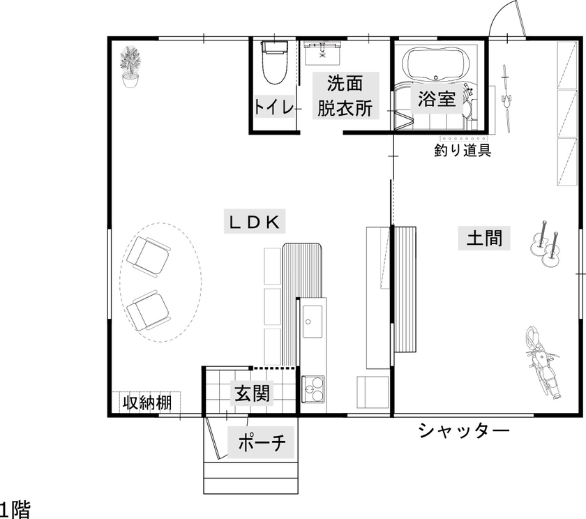 綿半林業 【平屋/1000万円台】趣味を楽しむビルトインガレージのひのきの平屋の間取り図（1LDK）1階